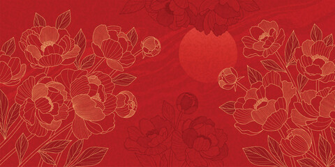 Chinese luxury vector background with oriental peony flowers and leaves of line style. Asian background of flowers, wave and patterns. Design illustration for wallpaper, card, poster, advertising. © Valedi 