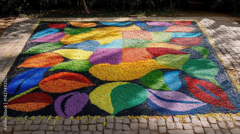 Poster Abstract pattern created with colorful rice grains for a Diwali rangoli. Artistic expression.