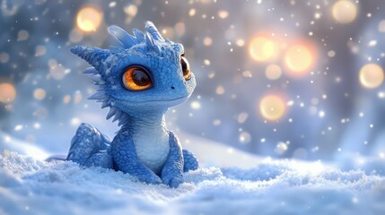 A cute, small, blue dragon with large amber eyes, tiny wings, and red inner ears sits in the snow.