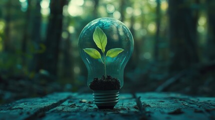 a green light bulb with a plant inside of it, green energy, environmental light