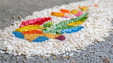Obraz premium Close-up of white rice grains forming the base of a Diwali rangoli design. Natural texture.