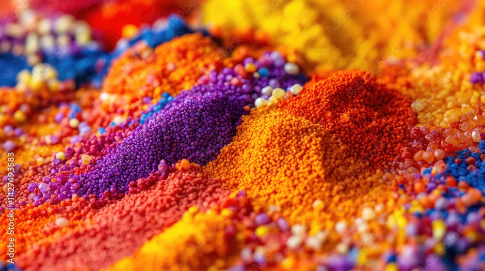 Poster macro shot of individual dyed rice grains used in a diwali rangoli. detailed texture.