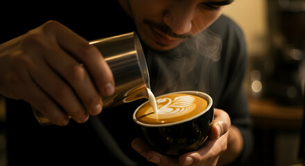 Skilled Barista Creates Latte Art Coffee Design Pouring Milk Steamed Beverage Hot Drink Warmth Cozy Cafe