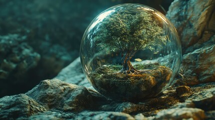 a close up of a glass ball with a tree inside, tree of life inside the ball