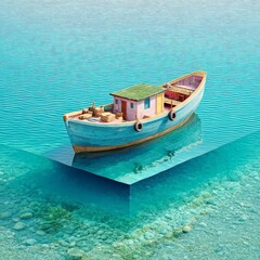 Obraz premium Isometric 3D Render of a Boat in Pastel Blue Water