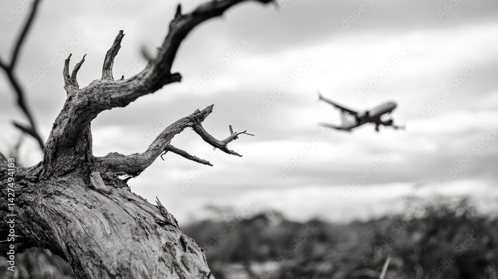Poster The intricate branches of a barren tree are sharply in focus, juxtaposed with the indistinct form of a moving airplane. Dichotomy of elements