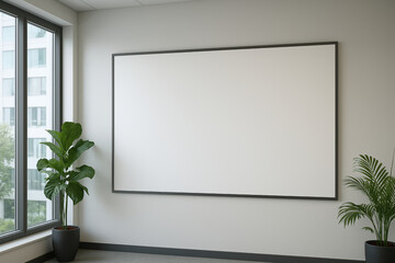 Minimalist modern office interior with large blank whiteboard and indoor plants