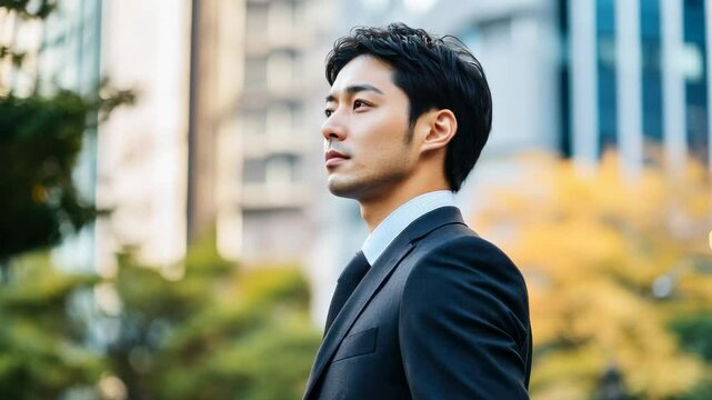 笑顔で空を見あげる男性会社員（商談・手応え・昇給・評価・出世）	