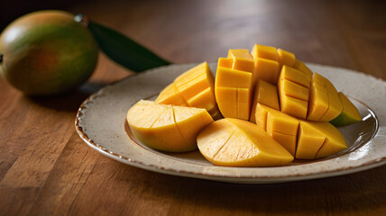 Freshly Cut Manggo in the top of Cream Ceramic Plate