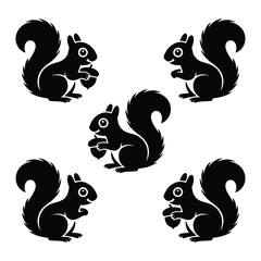 Five Cute Black Silhouettes of Squirrels Holding Acorns