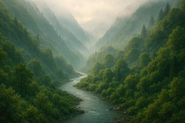 Fototapeta premium Serene forest valley with misty mountains and flowing river in tranquil morning light