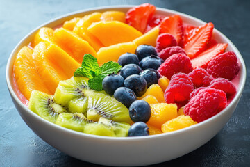 Bowl of fresh fruit and berries on a rustic wooden table, with slices of melon, strawberries, blueberries, and kiwi arranged beautifully.