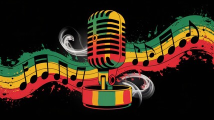 Colorful Vintage Microphone Design with Music Notes and Vibrant Background