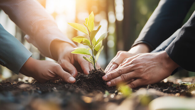 Hands planting a small tree sapling in soil symbolizing growth and environmental stewardship together now