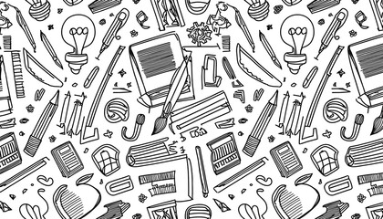 Creative Hand-Drawn Design Featuring Art Supplies, Tools, and School Essentials in Black and White