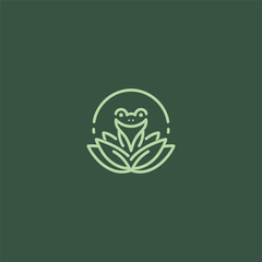 Minimalist Frog on Lotus Leaf Line Art Logo &ndash; Sitting frog on lotus leaf in clean lines.