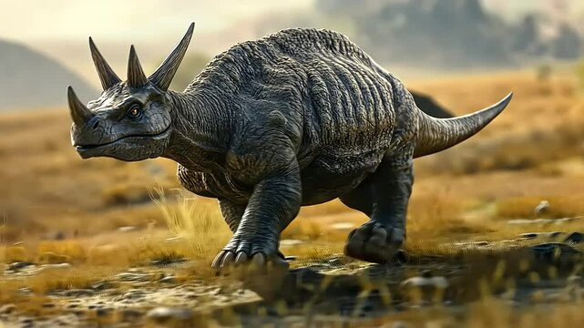 Einiosaurus Horridus Dinosaur Striding Across Prehistoric Prairie Landscape