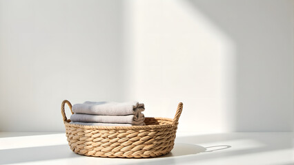 a woven rattan basket with folded towels