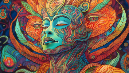 Vibrant Psychedelic Portrait of a Woman with Intricate Floral and Ornate Design