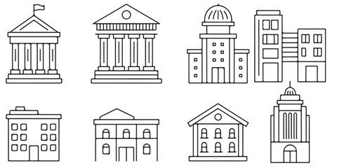 Fototapeta premium Buildings icons. Bank, Hotel, Courthouse. City, Real estate, Architecture buildings icons. Hospital, town house, museum. Urban architecture, city skyscraper. Classic set. Quality set. Vector, Building