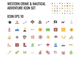Fototapeta premium Western Crime & Nautical Adventure Icon Set - Ammunition, Anchor, Bandit, Bomb, Map, Compass & More