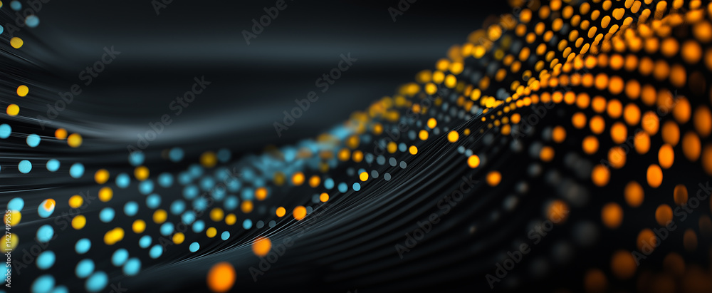 Poster abstract rendering of a dark surface with rows of blue and orange glowing dots on a wavy pattern
