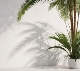Obraz premium Crisp shadow of palm fronds on bright white wall, tropical aesthetic, clean, travel, heat