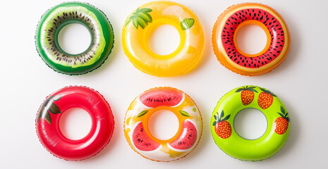 Assortment of fruit themed inflatable swim rings arranged on a white surface in a studio shot