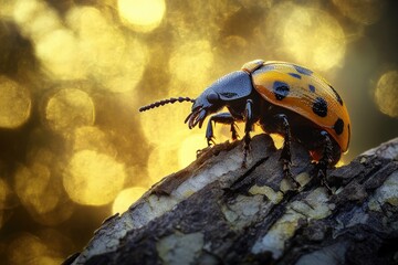 Detailed close-up of a colorful ladybug on a tree branch.