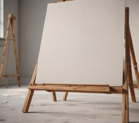 Close-up of sturdy easel's base and legs, blank canvas ready ,  vertical,  detail