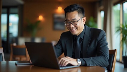 Successful Asian businessman, in a black business suit, works on a laptop, relaxes in a restaurant or hotel, and in a stylish office explains a new business strategy via video link