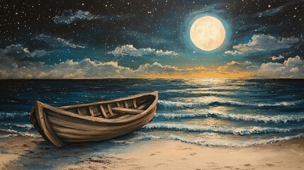 A serene night scene depicting a wooden rowboat resting on the shore
