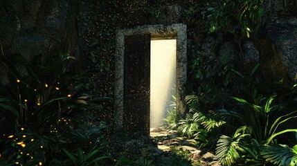 an image of the entrance to a forest with mushrooms and a door leading to a, magic doorway, magical portal gateway