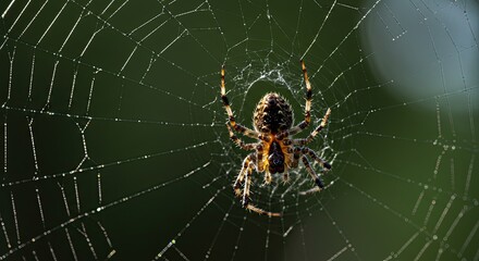 Macro Shot of an Arachnid Hunter Waiting on Its Finely Crafted Spiral Web