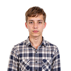 Fototapeta premium Young Caucasian Male in Checked Shirt Posing Against Solid Black Background with Neutral Expression, Captured in Studio Environment