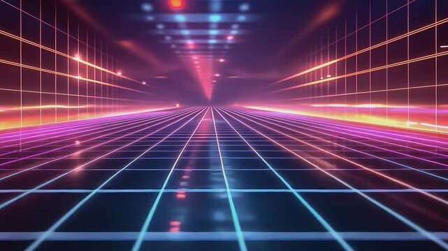 Cybernetic Corridor: Explore an expansive cybernetic corridor, pulsating with neon gridlines and bathed in a vibrant interplay of electric light, evoking a sense of futuristic ambition.