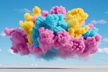 Abstract Pastel Cloudscape Pink, Blue, and Yellow Puffs Against a Bright Blue Sky