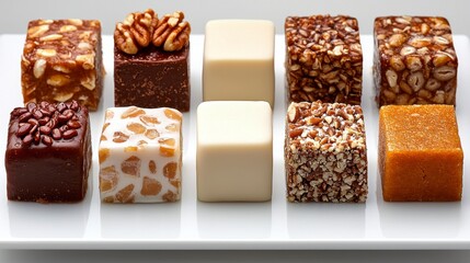 Array of Gourmet Candies featuring Nut Brittles Creamy Fudge and Sesame Squares on White
