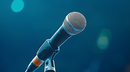 Black Microphone on Stand Against Dark Blue Bokeh Background