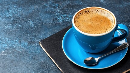 Blue Coffee Cup and Cappuccino on Dark Blue Textured Surface