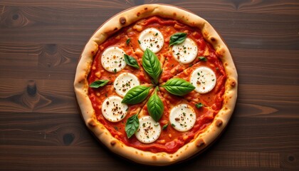 Tempting margherita pizza in the center top corner on a dark walnut background, in a clean food photography style, with bright overhead radiance, spacious layout, high resolution