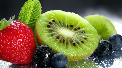 Closeup of Juicy Strawberries, Kiwi, and Blueberries