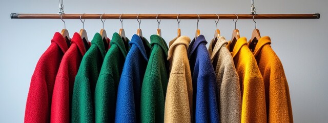 Colorful Coats Hanging on Wooden Rack Against Neutral Background