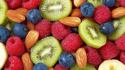Closeup Vibrant Mix of Fresh Raspberries Blueberries Kiwi Slices and Almonds
