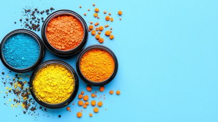 Colorful Powders in Black Bowls on Light Blue Background