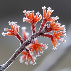 Frost Covered Branch with Reddish Orange Buds in Winter
