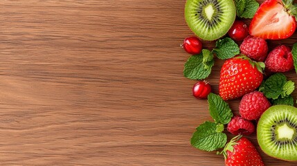 Fresh Red Berries and Kiwi on Dark Wood Background