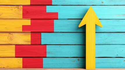 Yellow Wooden Arrow on Colorful Planked Background