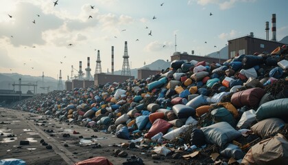 Massive Landfill with Piles of Waste Near Industrial Area Under Sky