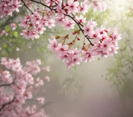 Fototapeta premium Delicate pink sakura petals drift gently on a softly blurred spring background , spring, romantic